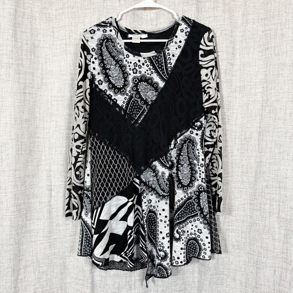 Feratelli Patchwork Tunic Top Sz L Whimsygoth Paisley Art to Wear Boho Artsy